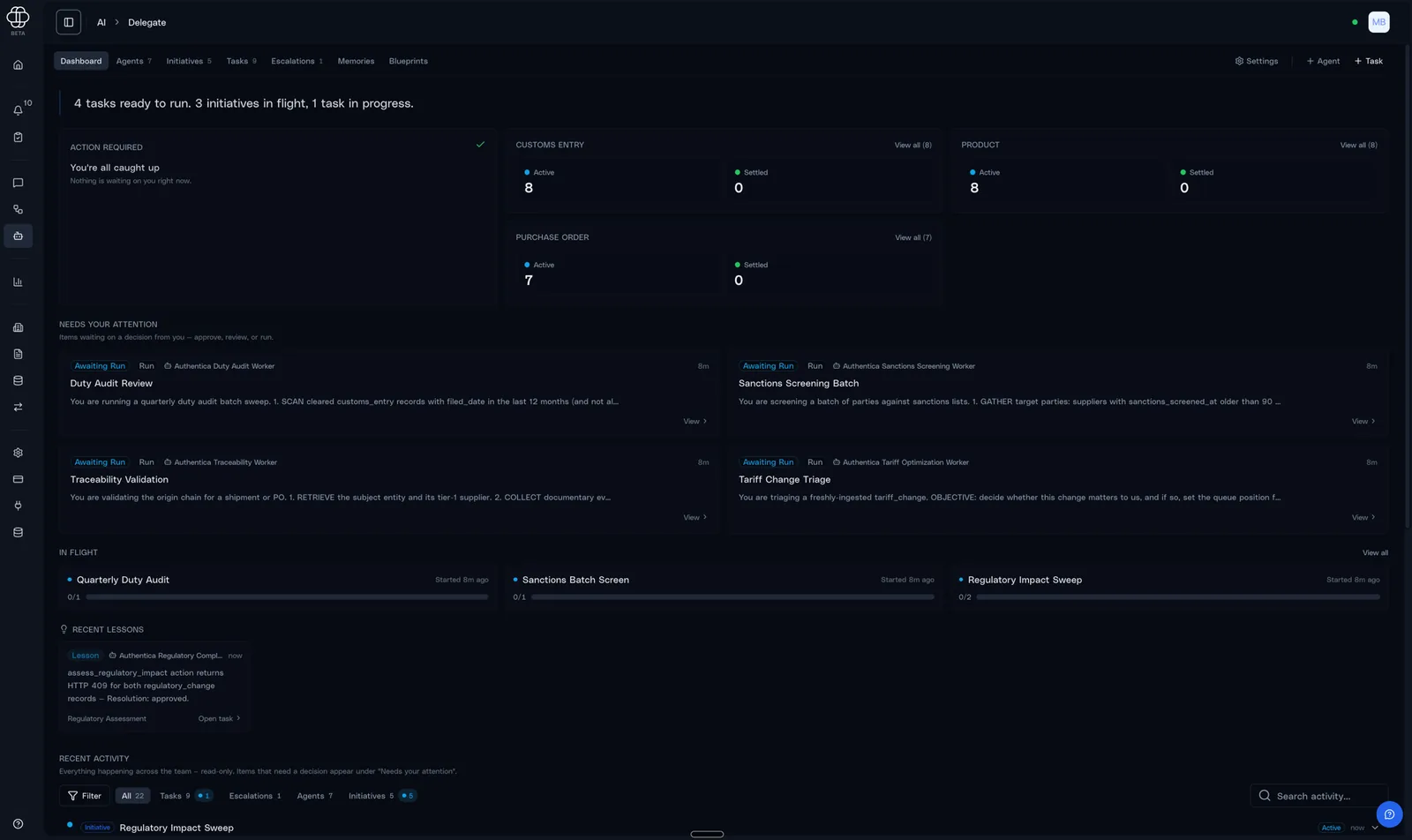 The Authentica delegate dashboard: tasks awaiting run, initiatives in flight, items needing your attention